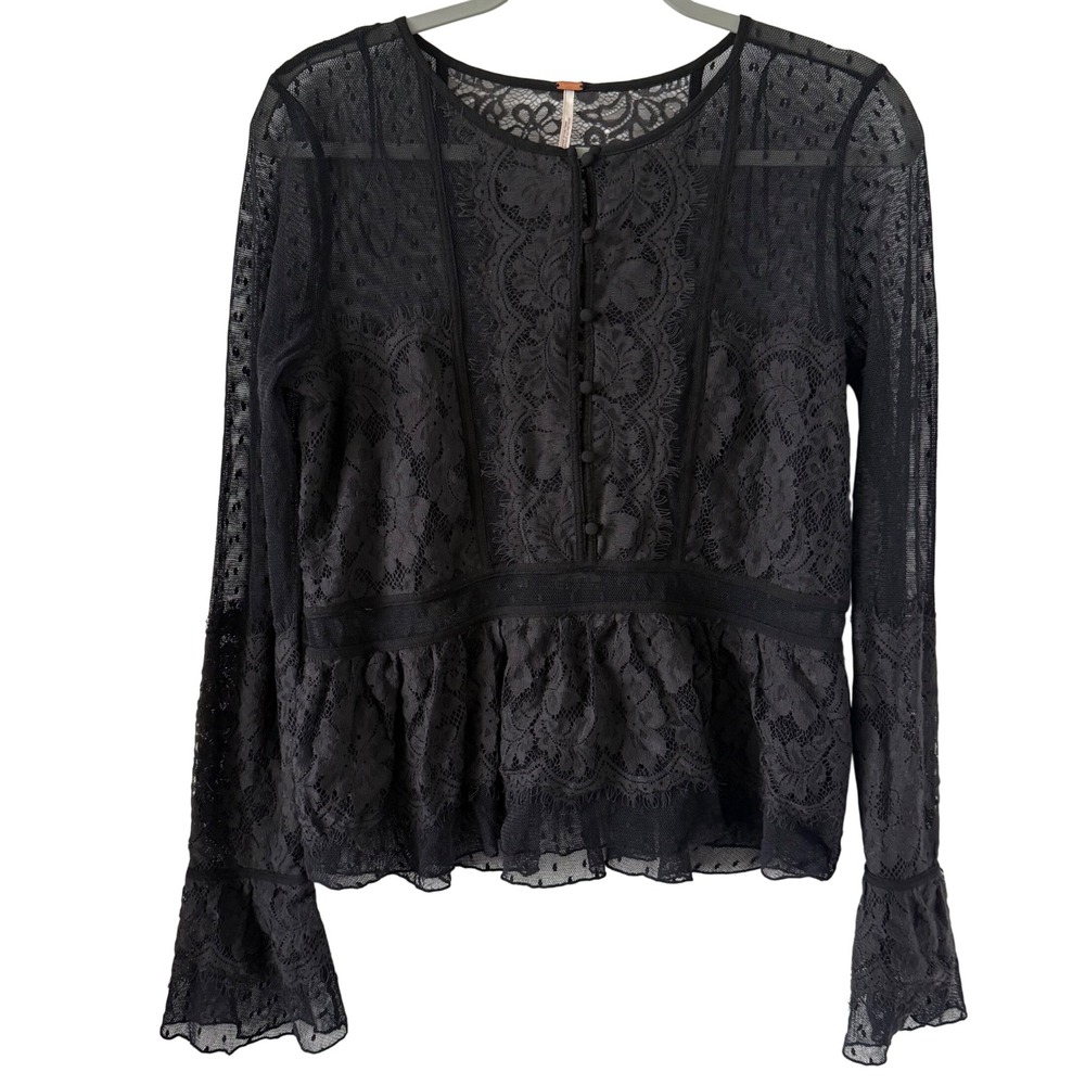 Free People Penelope Lace Swiss Dot Peplum Top Black Medium Bell Sleeve Boho